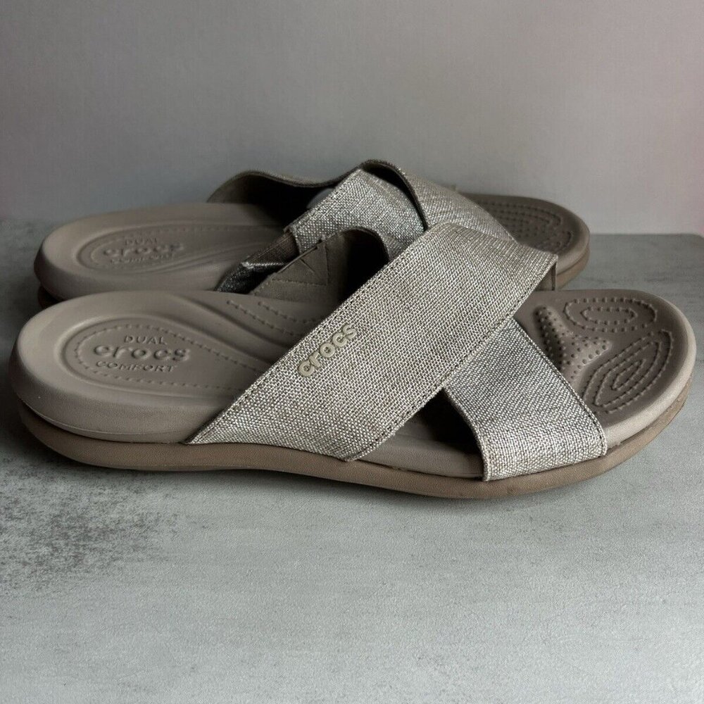 CROCS Women's Metallic Taupe Cross-Band Sandals - Picture 13 of 16